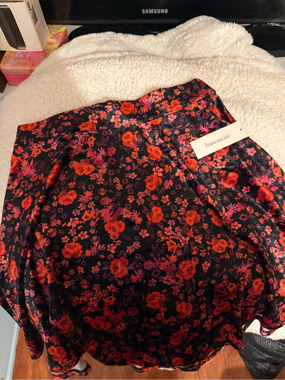Francesca's Black Satin Top with Red & Pink Floral Print